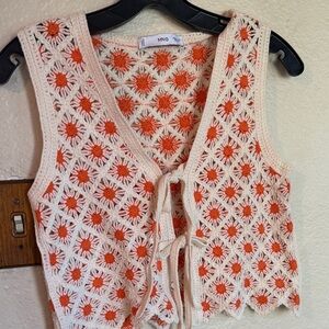 Mango Crochet Tie-Front Vest in Cream & Orange